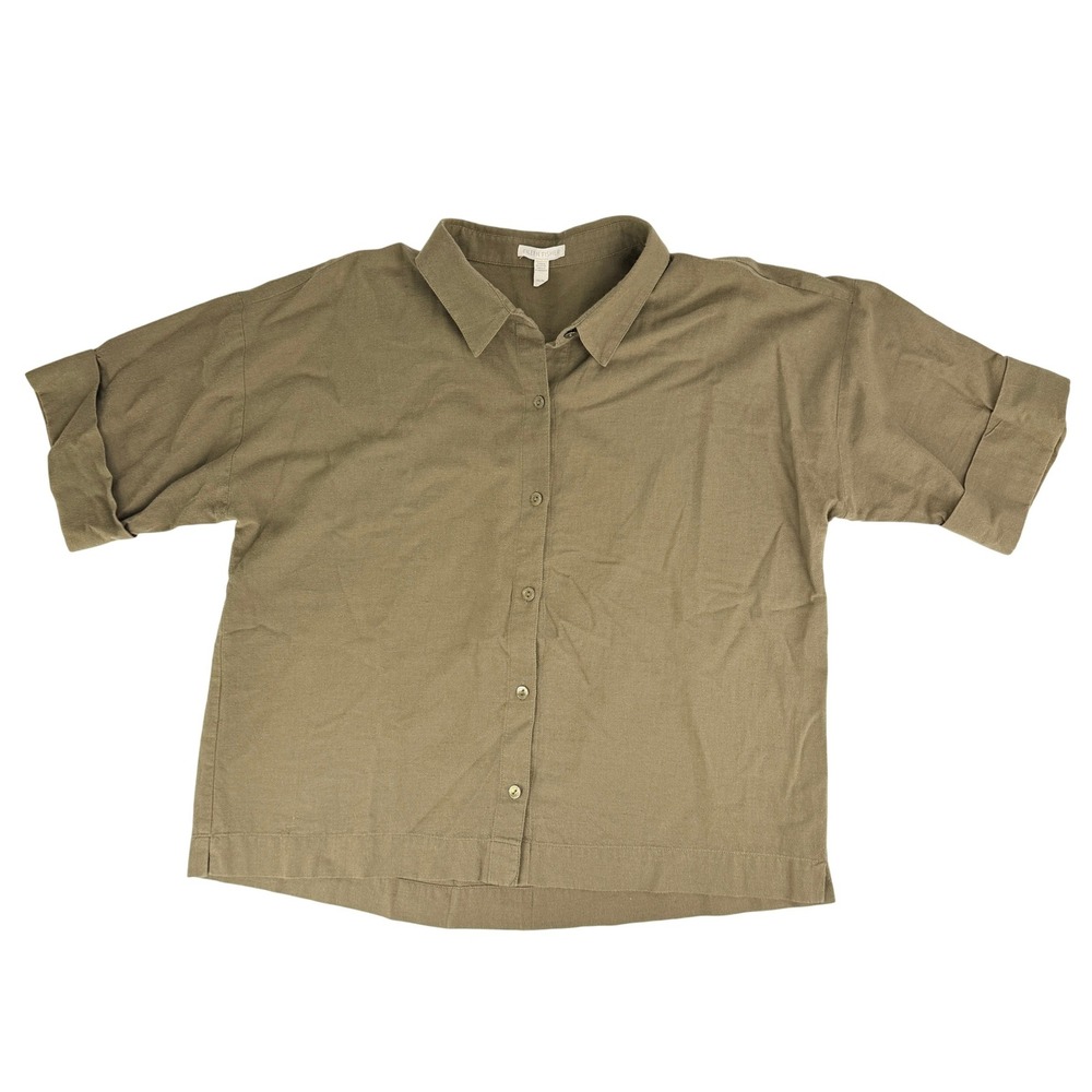 Eileen Fisher Women Olive Organic Cotton Linen Blend Short Sleeve Button Down M